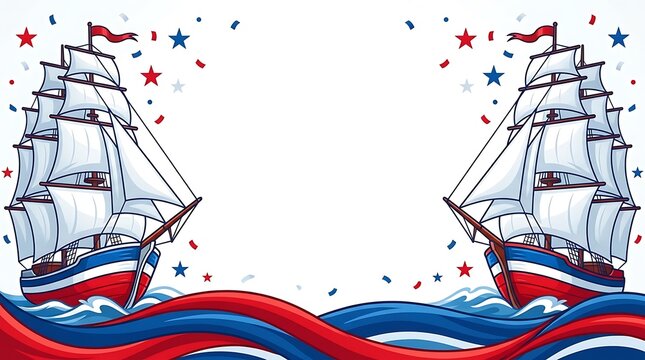 Festive illustration of tall sailing ships with patriotic red and blue waves patriotic celebration