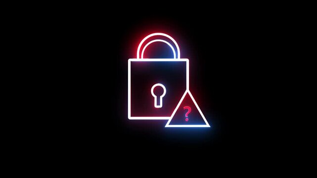 Neon padlock icon with warning triangle and question mark on security concept..