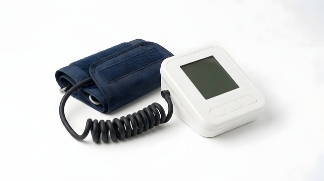 Digital blood pressure monitor with navy cuff and white display unit