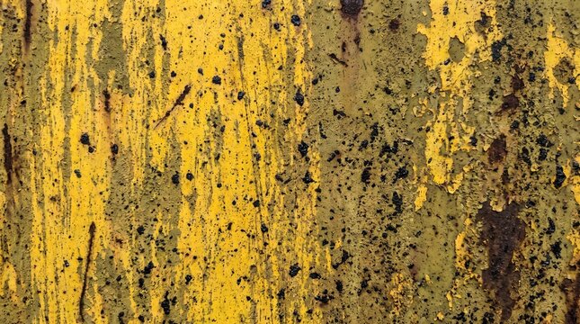 Distressed yellow paint texture reveals underlying rust and corrosion