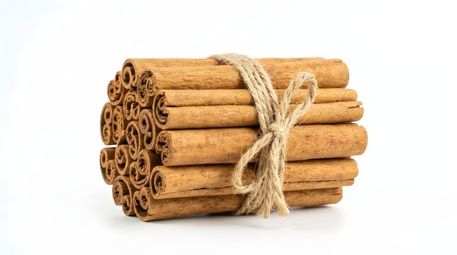 Cinnamon sticks bundled and tied with string on a white background
