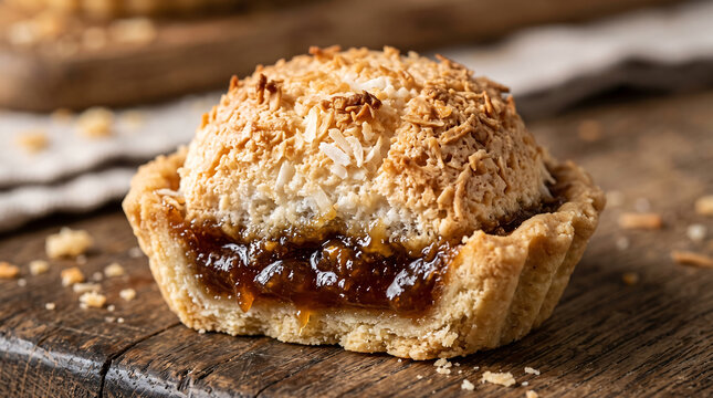 Traditional South African Hertzoggie Tartlet Filled with Apricot Jam and Coconut Meringue Close-Up