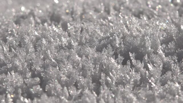Crystal hoarfrost rime layer accumulated on a cold winter surface, serene and beautiful.