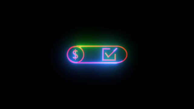 Glowing neon payment successful toggle button with dollar sign and check.mark icon animation video...