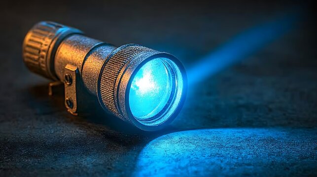 Vintage flashlight beams bright blue light on textured surface.