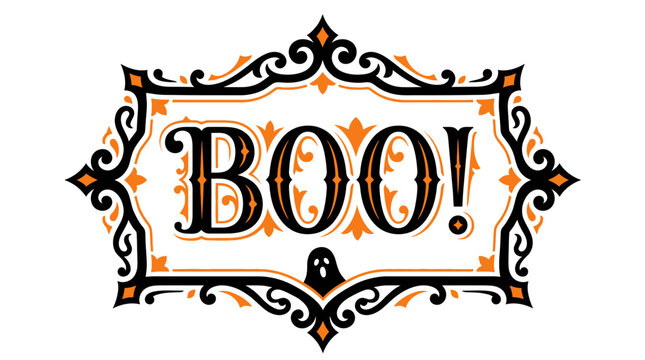 Vintage Halloween Boo sign with ornate Victorian frame, spooky orange and black holiday typography, decorative gothic border vector