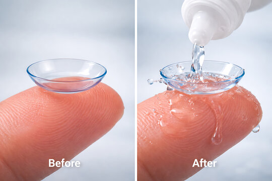 Before and after contact lens hydration on fingertip with solution poured into a clear lens