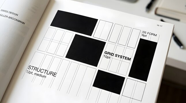 Minimalist Swiss grid layout design with black geometric blocks on white paper