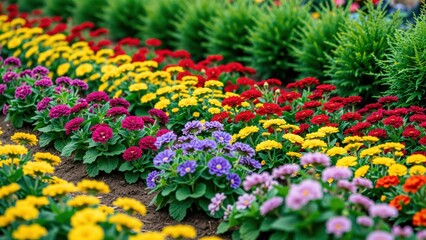 Obraz premium Colorful flower bed with vibrant blooms in red, yellow, purple, and pink, arranged in neat rows for decorative gardening and outdoor landscape design