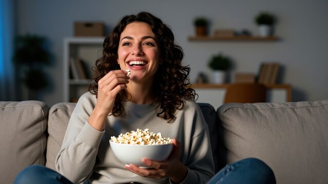 Happy young woman watching movies and eating popcorn on a sofa in a cozy living room, enjoying leisure time and entertainment