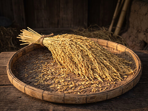 Ripe golden rice ears in a woven bamboo winnowing tray