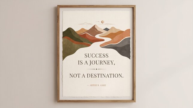 Success is a journey not a destination inspirational quote in frame, boho style mountain landscape wall art poster