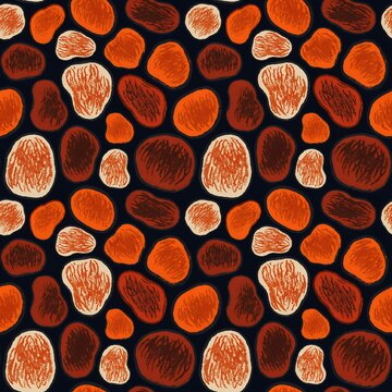 Abstract seamless pattern with hand drawn organic shapes in shades of orange and brown on a dark background