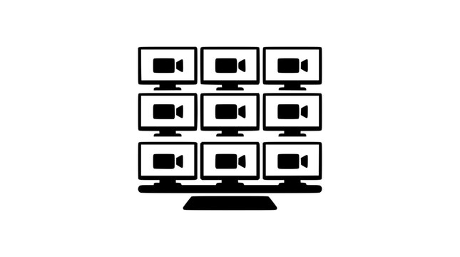 Vector graphic illustrating a multi-camera surveillance system with nine screens displaying live video feeds, representing comprehensive security and monitoring solutions