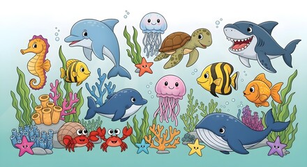 Fototapeta premium A vibrant underwater scene teeming with friendly cartoon marine animals and colorful coral reefs.