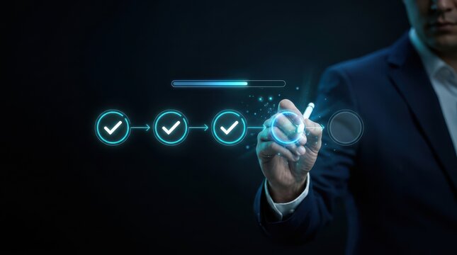 A business professional managing a digital workflow process with interactive checkmarks and a loading progress bar., checklist, digital interface, business executive, task management, virtual screen