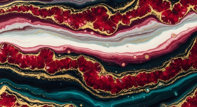 Abstract fluid art acrylic pour featuring red gold and dark blue marble textures.