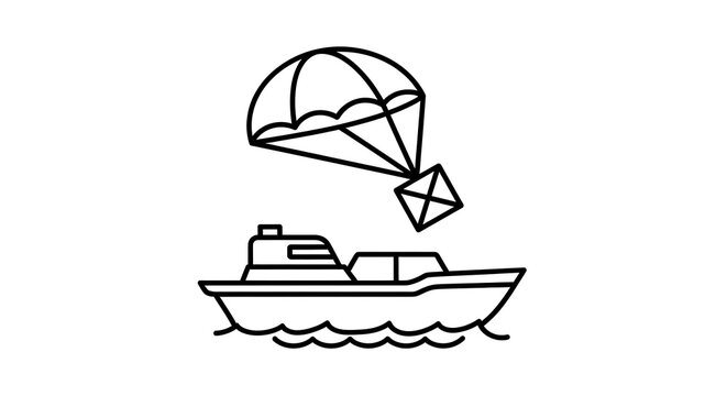 Air Delivery Service: Parachute Package Descending to a Boat on Water Outline Vector Illustration for Global Logistics and Shipping.