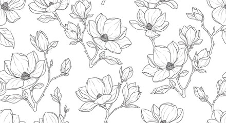 Fototapeta premium Elegant Seamless Black and White Line Art Pattern of Magnolia Flowers and Branches