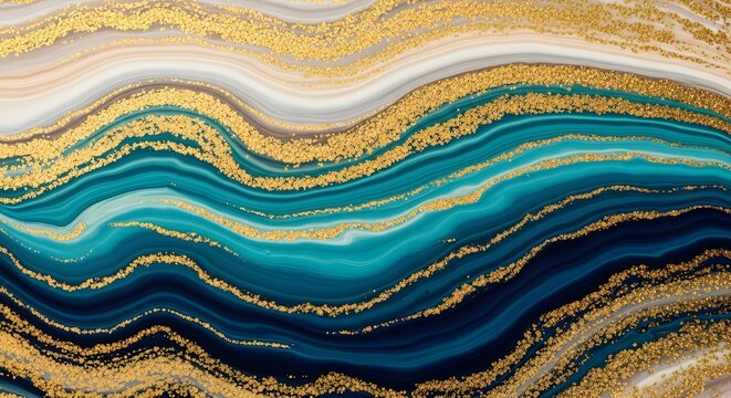 Abstract fluid art with golden veins and turquoise waves.