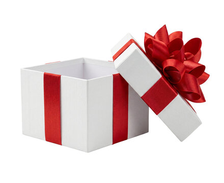 Open white gift box with red ribbon and bow