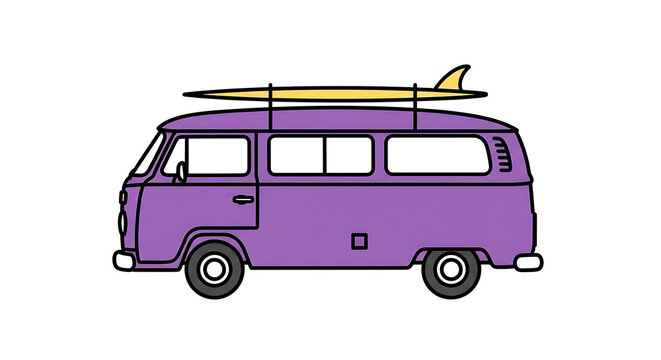 Retro purple camper van with a surfboard on the roof, embodying a fun, adventurous road trip and surf culture vibe.