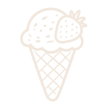 Ice cream scoop with strawberry slice on waffle cone aesthetic line art sketch illustration cutout design element
