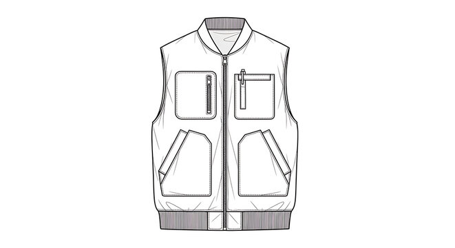 Fashion illustration flat lay of a sleeveless utility vest with multiple pockets, ideal for outdoor or streetwear style.