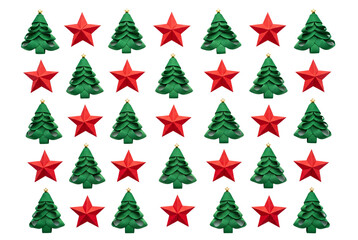 Obraz premium Pattern of folded green ribbon Christmas trees and red stars
