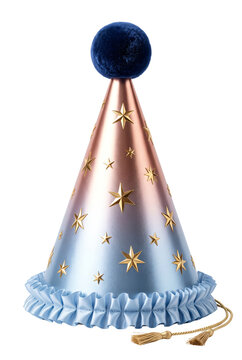 Elegant gradient party hat with gold stars and blue pompom