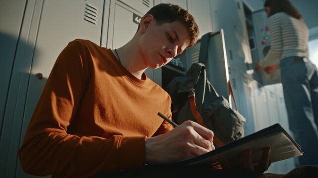 Young Student Sitting Alone on Floor Against Lockers, Lost in Drawing Process. Concept Emphasizes Teenage Isolation, Introvert Lifestyle, and Finding Emotional Escape and Comfort Through Fine Arts.