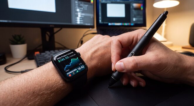 First person view of designer holding stylus drawing on graphic tablet wearing smartwatch showing daily project income graph and pomodoro timer at home office desk