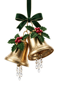 Golden Christmas bells with green velvet bow and crystal droplets