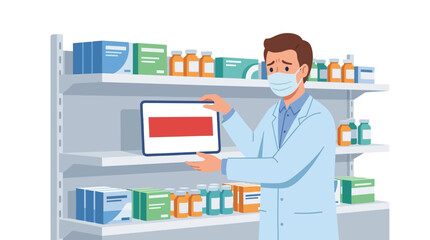Fototapeta premium Professional male pharmacist wearing face mask holding sold out sign on pharmacy shelf flat vector element.