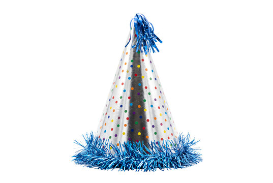 Silver polka dot party hat with blue tinsel