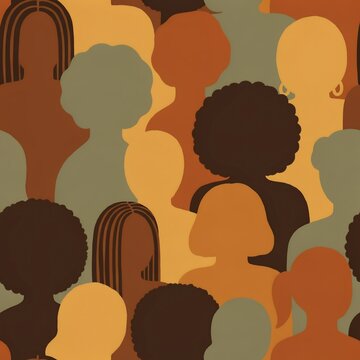 Seamless pattern with silhouettes of diverse women heads in earthy tones and muted colors