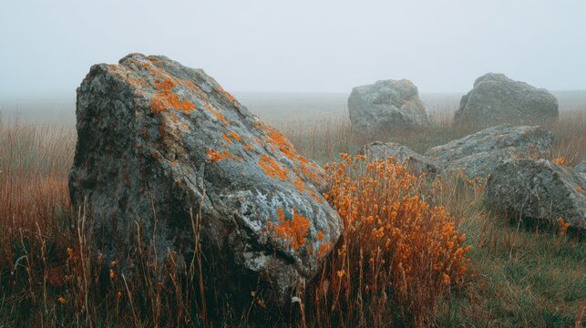 Documentary photo of glacial erratic boulders in misty field