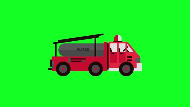 Animated Fire Truck Icon Rotating on Green Screen Background for Firefighting Concepts