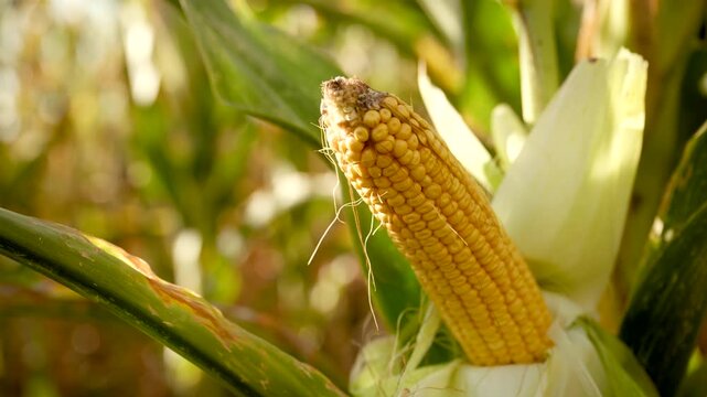 Mature corn ear emerging from its green husk in a sunlit agricultural field. Healthy maize crop, grain production, harvest preparation and sustainable farming concept. 4K.