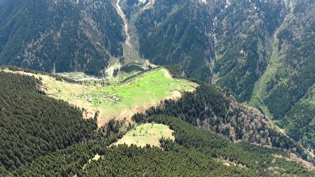 Green farmland and rolling meadows in Cat Plateau Rize Turkey show cultivated rural countryside.