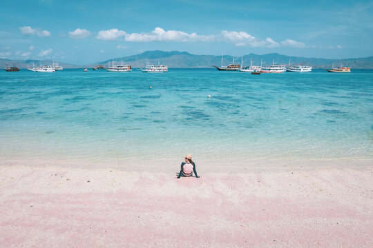 Aerial view of the pink sand beach scenery of Padar Island, Komodo National Park, Indonesia