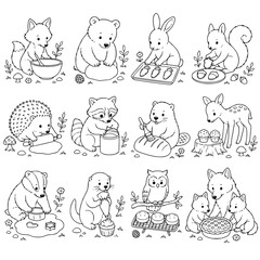 Obraz premium Woodland Animals Coloring Pages for Kids & Adults | Cute Forest Animal Line Art Featuring Foxes, Bears, Rabbits, Squirrels, Owls, Raccoons, Hedgehogs & Cozy Nature Scenes for Relaxation.