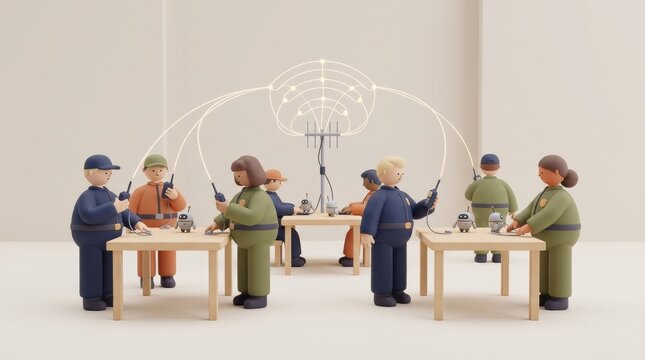 Building a More Sustainable Future for Artificial Intelligence, Group of figures engaged in a collaborative task around tables in a minimalist setting.
