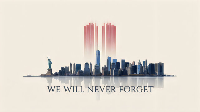 Silhouette of new york skyline with twin towers memorial and text