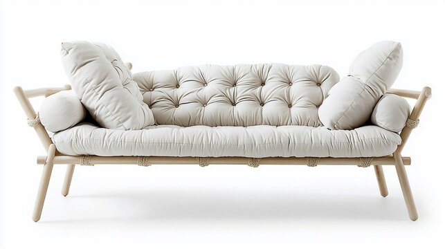 A light-colored, tufted sofa with a wooden frame and plush cushions