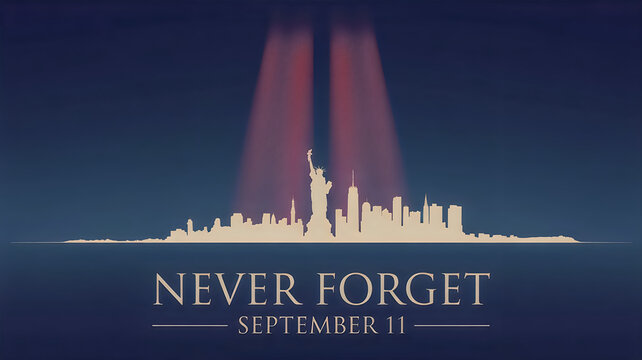 Silhouette of new york skyline with twin towers light beams on september 11