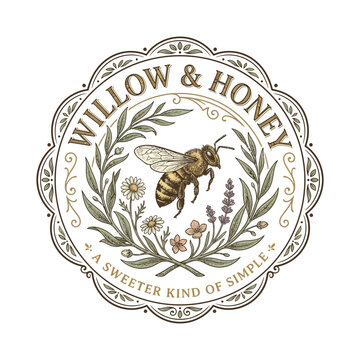 Willow and Honey logo showcases a detailed illustration of a bee in flight surrounded by a delicate arrangement of willow branches, lavender, daisies, and small wildflowers, set within a scalloped.