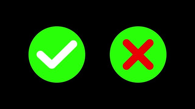 Animated pop-up green check mark and red cross X symbol on a transparent background.Green Check Mark and Red X Mark Side by Side on Black Background white..