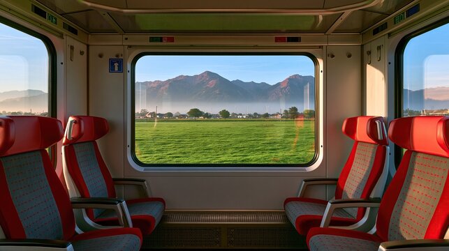 Empty modern passenger train carriage with comfortable red and gray seats looking out large window at lush green meadow and distant alpine mountains on sunny morning