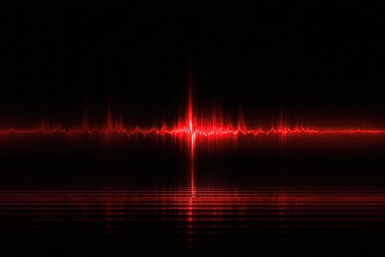 Glowing red electrocardiogram heartbeat pulse waveform reflected on dark black background showing medical heart rhythm monitoring concept